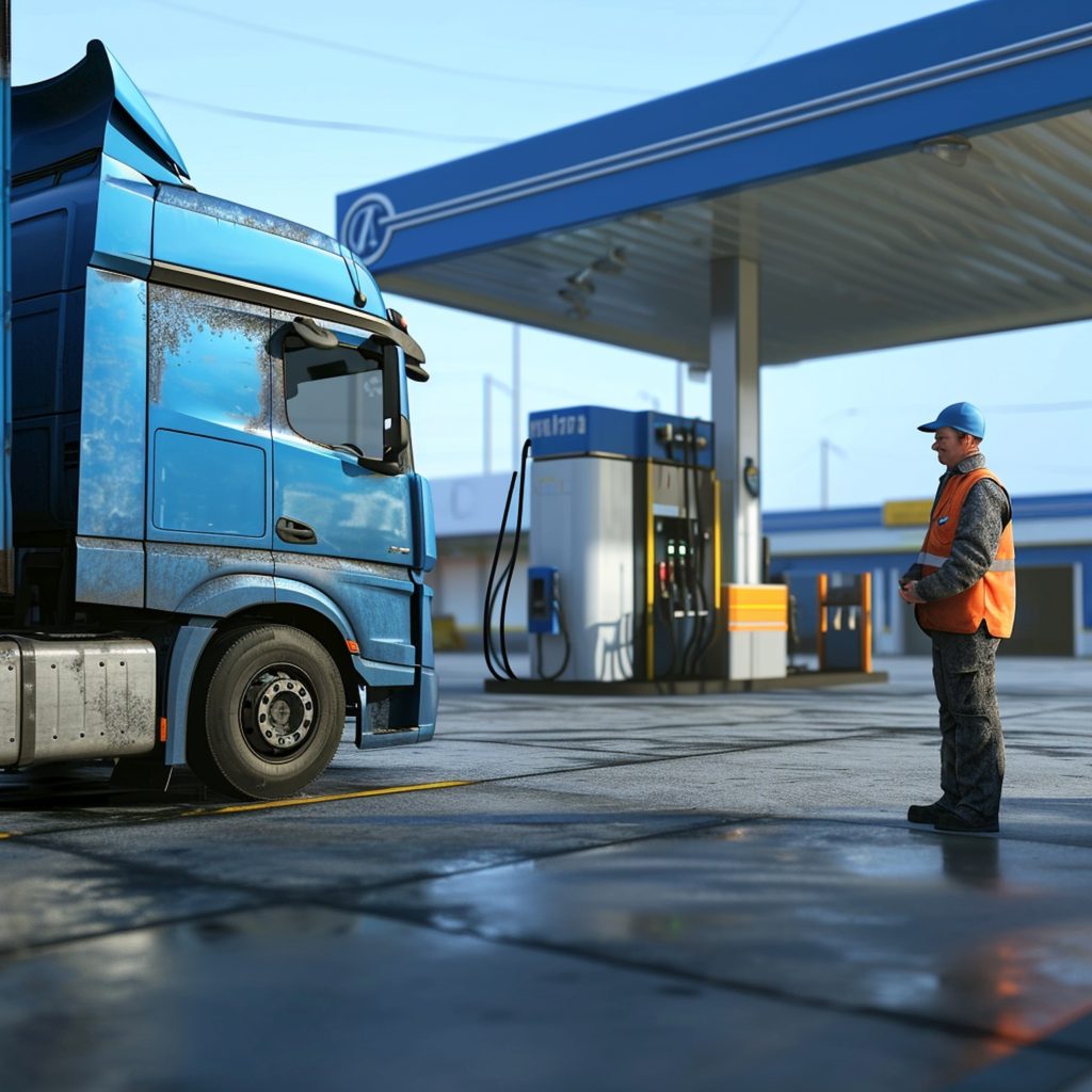 blue trailer truck gas station fill fuel